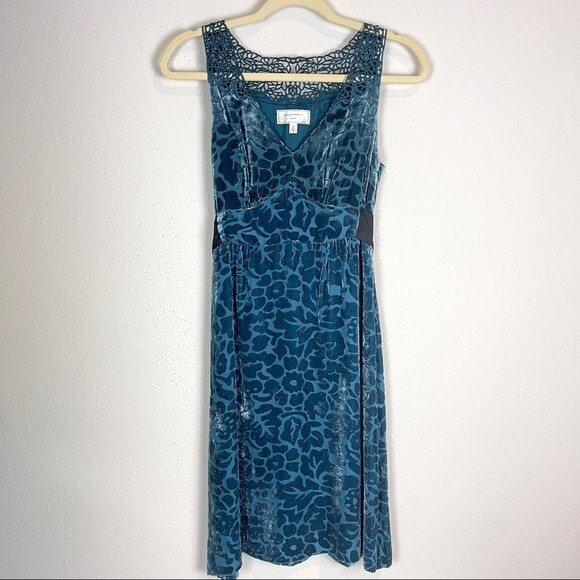Moulinette Soeurs Anthropologie Velvet Burnout Teal Sheath Dress 0 - Picture 1 of 10